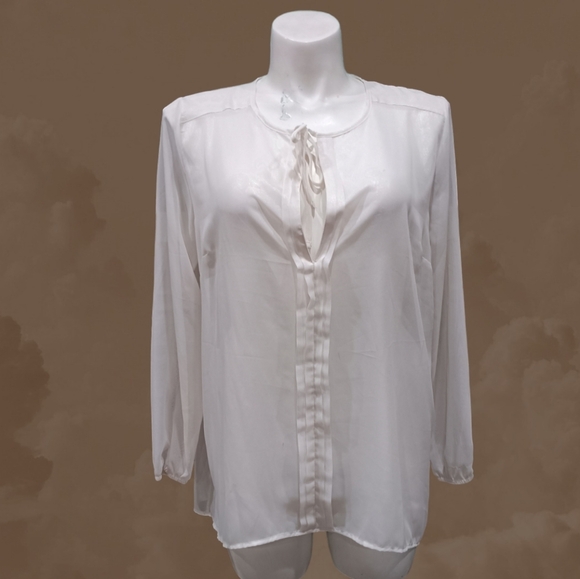 Mudd Womens Sheer Cream Long Sleeve Tie Neck Blouse Size 1X High Low Top - Picture 1 of 9